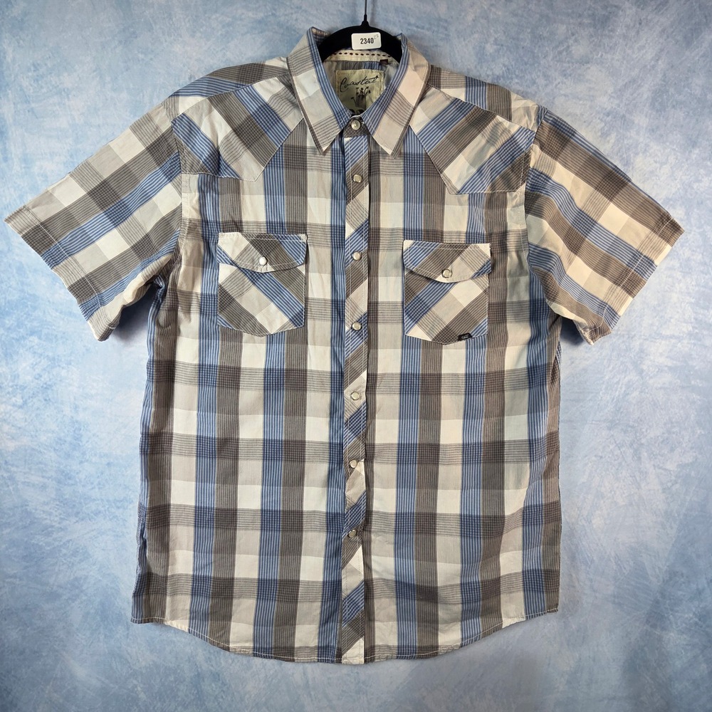 Coastal Mens XL Short Sleeve Plaid Western Snap Shirt Blue Gray White‎